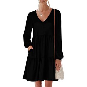 Womens Casual Dress Sweet Cute V Neck Mini Dress with Pocket Skin Friendly Fabric Long Sleeve Fall Dresses in Kuwait
