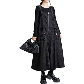 ellazhu Women's Dress Coat Strap Shoulder Zipper Two Side Pockets Flowy Hem Solid Color Loose Oversize GZ279