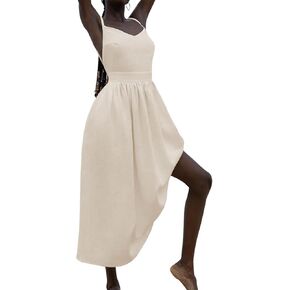 Zwirelz Cotton Linen Dress for Women Sleeveless Spaghetti Straps V Neck Dress Summer Outfits Casual Baggy Flowy Sundress
