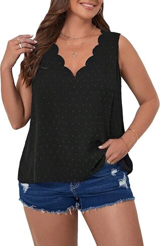 SweatyRocks Women's Plus Size V Neck Sleeveless Tank Shirts Swiss Dots Plain Vest Tank Tops Chiffon Blouses in Saudi Arabia