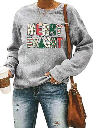 Christmas Sweatshirt Women Merry and Bright Graphic Pullover Tops Xmas Holiday Long Sleeve Crewneck Sweatshirts in Saudi Arabia