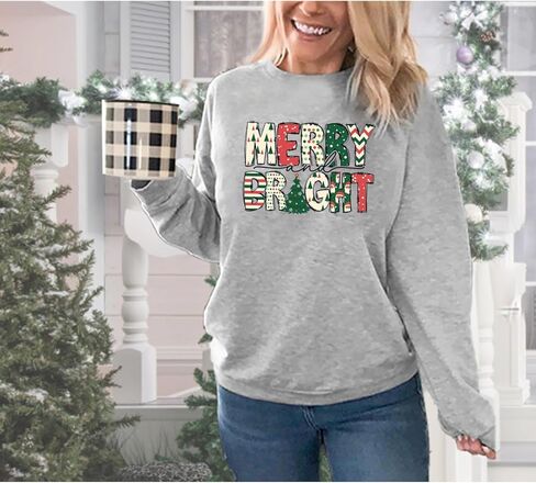 Christmas Sweatshirt Women Merry and Bright Graphic Pullover Tops Xmas Holiday Long Sleeve Crewneck Sweatshirts in Saudi Arabia
