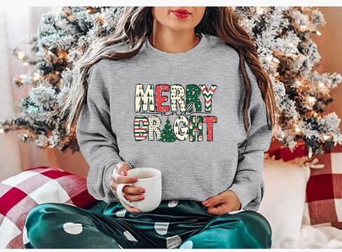 Christmas Sweatshirt Women Merry and Bright Graphic Pullover Tops Xmas Holiday Long Sleeve Crewneck Sweatshirts in Saudi Arabia