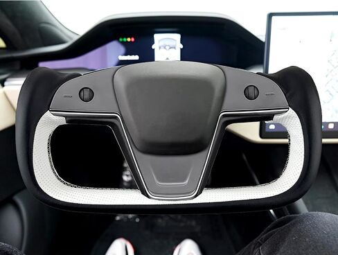 White/Black Perforated Leather Auto Yoke Steering Wheel Cover Hand-Stitch on Wrap Fit for Tesla Model S/Tesla Model X 2021 2022 2023 (White/Black) in Saudi Arabia