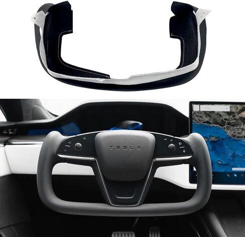 White/Black Perforated Leather Auto Yoke Steering Wheel Cover Hand-Stitch on Wrap Fit for Tesla Model S/Tesla Model X 2021 2022 2023 (White/Black) in Saudi Arabia