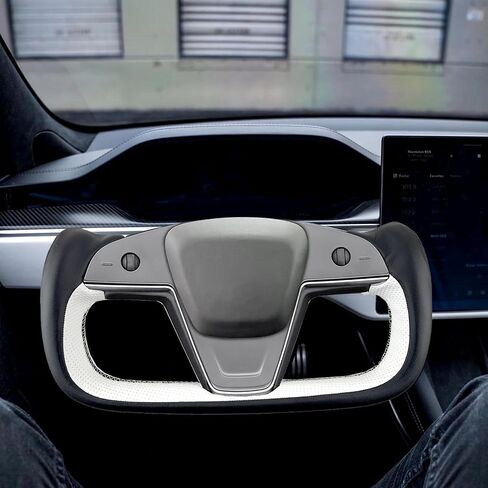 White/Black Perforated Leather Auto Yoke Steering Wheel Cover Hand-Stitch on Wrap Fit for Tesla Model S/Tesla Model X 2021 2022 2023 (White/Black) in Saudi Arabia