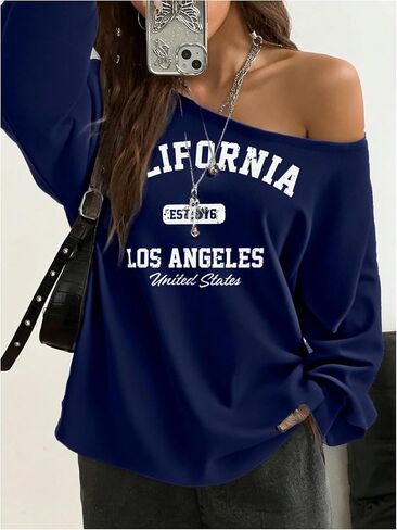 SOLY HUX Women's Off Shoulder Letter Graphic Sweatshirts Long Sleeve Baggy Pullover Streetwear in Saudi Arabia