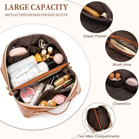 حقيبة مكياج أولية ذات سعة كبيرة حقيبة مستحضرات تجميل للسفر للنساء من جلد البولي يوريثان حقيبة أدوات الزينة مسطحة مفتوحة مع مقبض ومقسم هدايا شخصية للنساء (أسود أ) in Kuwait
