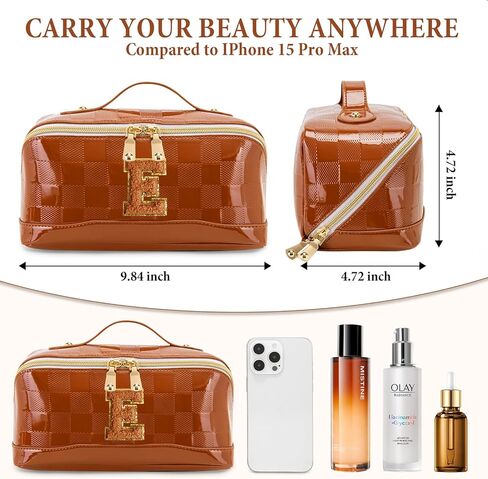 حقيبة مكياج أولية ذات سعة كبيرة حقيبة مستحضرات تجميل للسفر للنساء من جلد البولي يوريثان حقيبة أدوات الزينة مسطحة مفتوحة مع مقبض ومقسم هدايا شخصية للنساء (أسود أ) in Kuwait