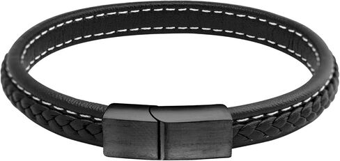 555Jewelry Stainless Steel Magnetic Clasp Thin Braided Black Leather Bracelet for Men in Saudi Arabia