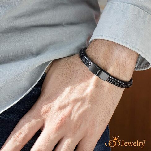 555Jewelry Stainless Steel Magnetic Clasp Thin Braided Black Leather Bracelet for Men in Saudi Arabia