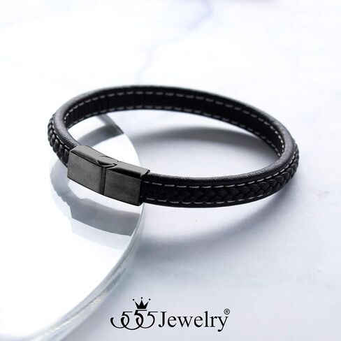 555Jewelry Stainless Steel Magnetic Clasp Thin Braided Black Leather Bracelet for Men in Saudi Arabia