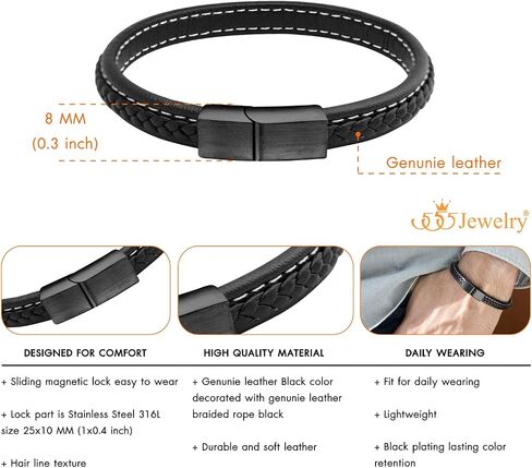 555Jewelry Stainless Steel Magnetic Clasp Thin Braided Black Leather Bracelet for Men in Saudi Arabia