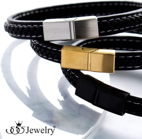 555Jewelry Stainless Steel Magnetic Clasp Thin Braided Black Leather Bracelet for Men in Saudi Arabia