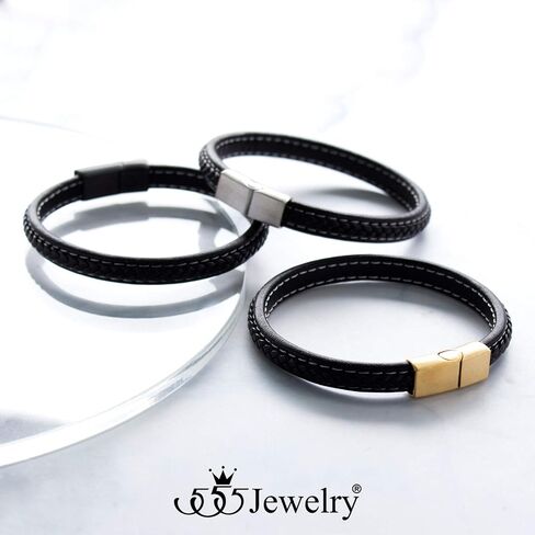 555Jewelry Stainless Steel Magnetic Clasp Thin Braided Black Leather Bracelet for Men in Saudi Arabia