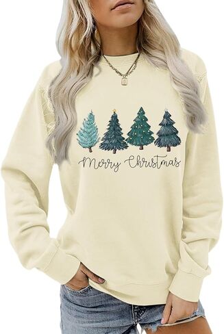 Christmas Tree Sweatshirt for Women Merry and Bright Graphic Long Sleeve Shirt Xmas Holiday Casual Pullover Tops in Saudi Arabia