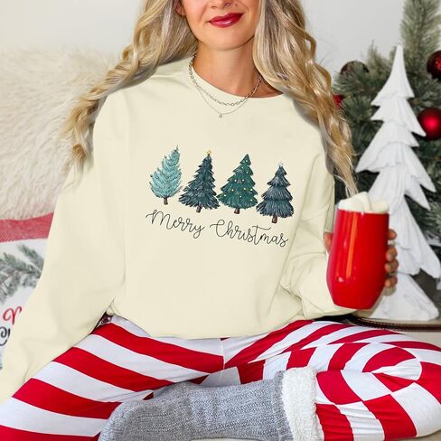 Christmas Tree Sweatshirt for Women Merry and Bright Graphic Long Sleeve Shirt Xmas Holiday Casual Pullover Tops in Saudi Arabia