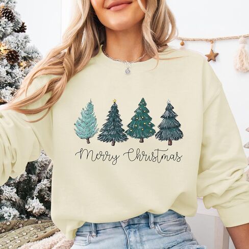 Christmas Tree Sweatshirt for Women Merry and Bright Graphic Long Sleeve Shirt Xmas Holiday Casual Pullover Tops in Saudi Arabia