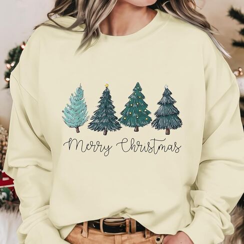 Christmas Tree Sweatshirt for Women Merry and Bright Graphic Long Sleeve Shirt Xmas Holiday Casual Pullover Tops in Saudi Arabia