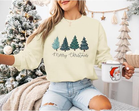 Christmas Tree Sweatshirt for Women Merry and Bright Graphic Long Sleeve Shirt Xmas Holiday Casual Pullover Tops in Saudi Arabia