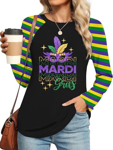 Mardi Gras Shirts for Women: Carnival Glitter Mask Graphic T Shirt Mardi Gras Outfit Tuesday Long Sleeve Tops in Kuwait