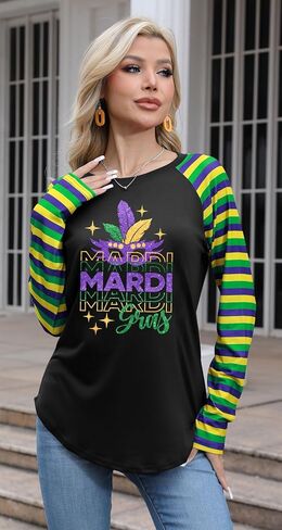 Mardi Gras Shirts for Women: Carnival Glitter Mask Graphic T Shirt Mardi Gras Outfit Tuesday Long Sleeve Tops in Kuwait