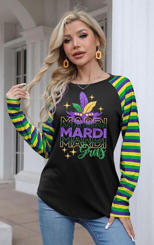 Mardi Gras Shirts for Women: Carnival Glitter Mask Graphic T Shirt Mardi Gras Outfit Tuesday Long Sleeve Tops in Kuwait