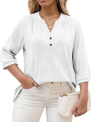 DOLNINE Women's-Plus-Size-Tops 3/4 Length Sleeve T Shirts Trendy Casual Blouses Loose Fit V Neck Buttons Tunics XL-5XL in Saudi Arabia