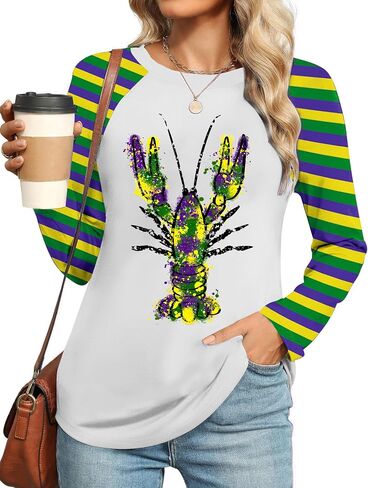 Mardi Gras Shirts for Women: Carnival Glitter Mask Graphic T Shirt Mardi Gras Outfit Tuesday Long Sleeve Tops in Kuwait