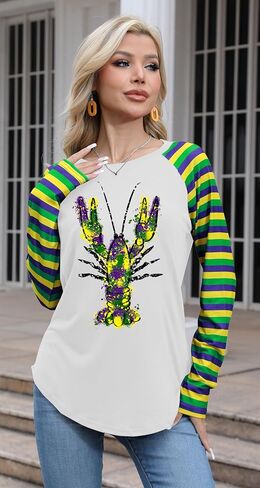 Mardi Gras Shirts for Women: Carnival Glitter Mask Graphic T Shirt Mardi Gras Outfit Tuesday Long Sleeve Tops in Kuwait