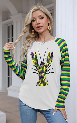 Mardi Gras Shirts for Women: Carnival Glitter Mask Graphic T Shirt Mardi Gras Outfit Tuesday Long Sleeve Tops in Kuwait