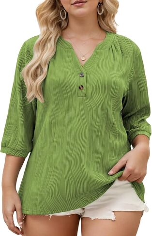 DOLNINE Women's-Plus-Size-Tops 3/4 Length Sleeve T Shirts Trendy Casual Blouses Loose Fit V Neck Buttons Tunics XL-5XL in Saudi Arabia