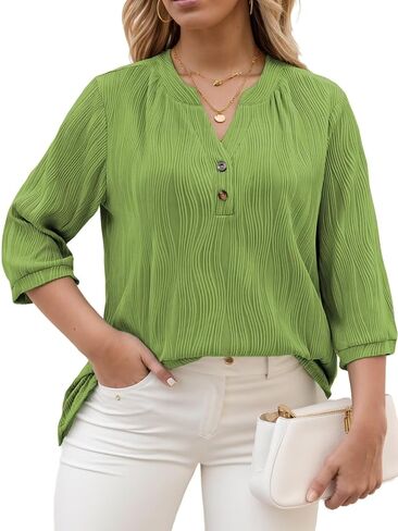 DOLNINE Women's-Plus-Size-Tops 3/4 Length Sleeve T Shirts Trendy Casual Blouses Loose Fit V Neck Buttons Tunics XL-5XL in Saudi Arabia