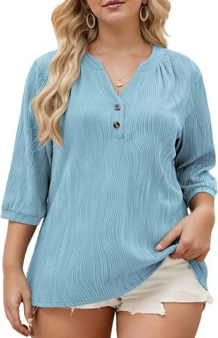 DOLNINE Women's-Plus-Size-Tops 3/4 Length Sleeve T Shirts Trendy Casual Blouses Loose Fit V Neck Buttons Tunics XL-5XL in Saudi Arabia