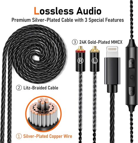 سماعات أذن سلكية Vibes 202ML - سماعات HiFi داخل الأذن - وسائد أذن عازلة للضوضاء مع ميكروفون - صوت واضح، وجهير عميق وسماعات مريحة - MMCX إلى Lightning وكابل مطلي بالفضة - حقيبة حمل in Kuwait