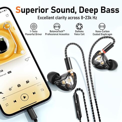 سماعات أذن سلكية Vibes 202ML - سماعات HiFi داخل الأذن - وسائد أذن عازلة للضوضاء مع ميكروفون - صوت واضح، وجهير عميق وسماعات مريحة - MMCX إلى Lightning وكابل مطلي بالفضة - حقيبة حمل in Kuwait