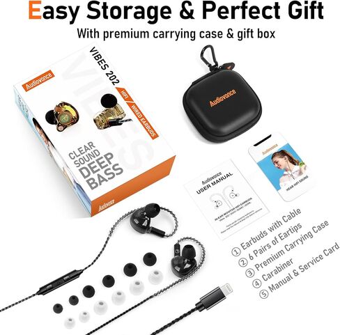 سماعات أذن سلكية Vibes 202ML - سماعات HiFi داخل الأذن - وسائد أذن عازلة للضوضاء مع ميكروفون - صوت واضح، وجهير عميق وسماعات مريحة - MMCX إلى Lightning وكابل مطلي بالفضة - حقيبة حمل in Kuwait