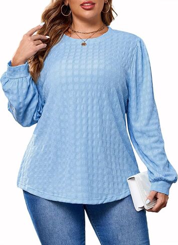 Plus Size Tops for Women Trendy Casual Long Sleeve Textured Solid Color Round Neck T Shirts Fall Winter Blouse 1XL-5XL in Saudi Arabia
