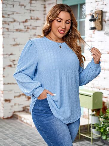 Plus Size Tops for Women Trendy Casual Long Sleeve Textured Solid Color Round Neck T Shirts Fall Winter Blouse 1XL-5XL in Saudi Arabia