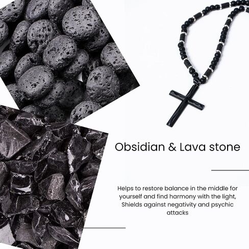 WFJ Men's Gemstone Beaded Crystal Necklace Cross Necklace for Men Tiger Eye, Obsidian, Lava Stones Rosary Beads Religious Jewelry Catholic Gifts in Saudi Arabia