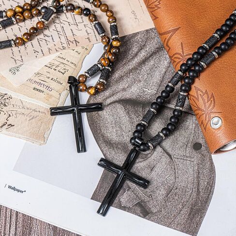 WFJ Men's Gemstone Beaded Crystal Necklace Cross Necklace for Men Tiger Eye, Obsidian, Lava Stones Rosary Beads Religious Jewelry Catholic Gifts in Saudi Arabia