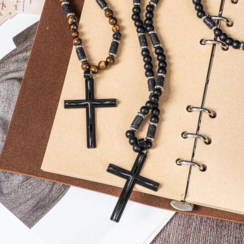 WFJ Men's Gemstone Beaded Crystal Necklace Cross Necklace for Men Tiger Eye, Obsidian, Lava Stones Rosary Beads Religious Jewelry Catholic Gifts in Saudi Arabia