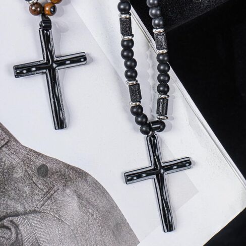 WFJ Men's Gemstone Beaded Crystal Necklace Cross Necklace for Men Tiger Eye, Obsidian, Lava Stones Rosary Beads Religious Jewelry Catholic Gifts in Saudi Arabia