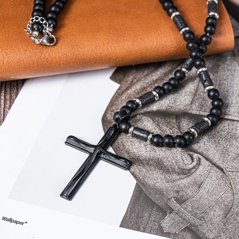 WFJ Men's Gemstone Beaded Crystal Necklace Cross Necklace for Men Tiger Eye, Obsidian, Lava Stones Rosary Beads Religious Jewelry Catholic Gifts in Saudi Arabia