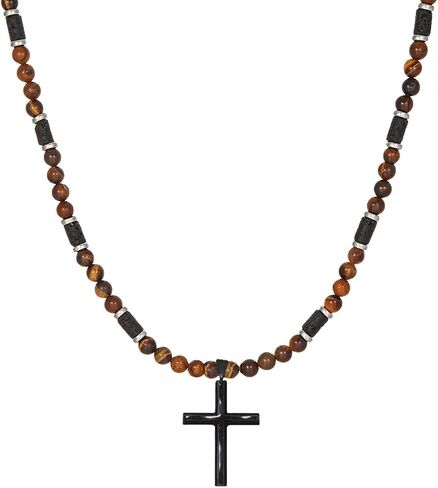WFJ Men's Gemstone Beaded Crystal Necklace Cross Necklace for Men Tiger Eye, Obsidian, Lava Stones Rosary Beads Religious Jewelry Catholic Gifts in Saudi Arabia