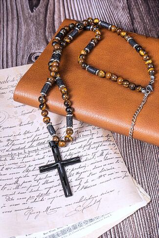 WFJ Men's Gemstone Beaded Crystal Necklace Cross Necklace for Men Tiger Eye, Obsidian, Lava Stones Rosary Beads Religious Jewelry Catholic Gifts in Saudi Arabia
