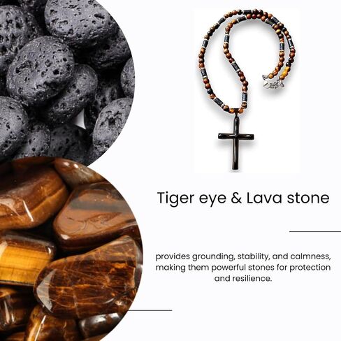 WFJ Men's Gemstone Beaded Crystal Necklace Cross Necklace for Men Tiger Eye, Obsidian, Lava Stones Rosary Beads Religious Jewelry Catholic Gifts in Saudi Arabia