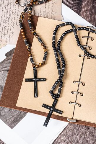 WFJ Men's Gemstone Beaded Crystal Necklace Cross Necklace for Men Tiger Eye, Obsidian, Lava Stones Rosary Beads Religious Jewelry Catholic Gifts in Saudi Arabia