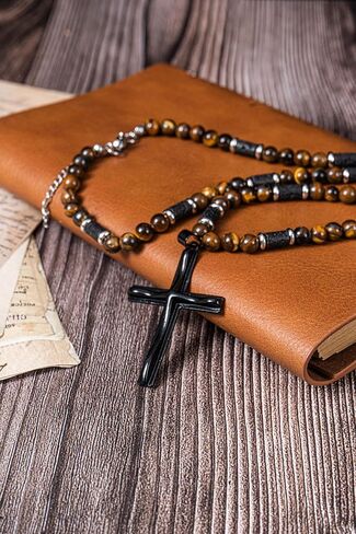 WFJ Men's Gemstone Beaded Crystal Necklace Cross Necklace for Men Tiger Eye, Obsidian, Lava Stones Rosary Beads Religious Jewelry Catholic Gifts in Saudi Arabia