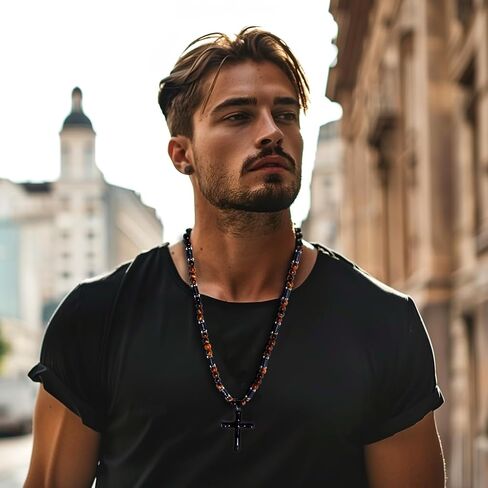 WFJ Men's Gemstone Beaded Crystal Necklace Cross Necklace for Men Tiger Eye, Obsidian, Lava Stones Rosary Beads Religious Jewelry Catholic Gifts in Saudi Arabia